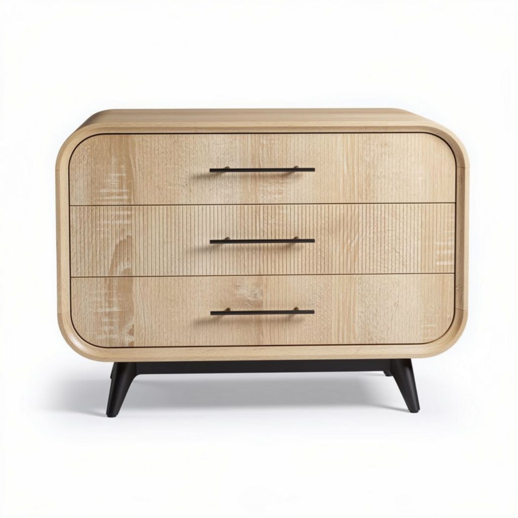 Commode en bois clair avec trois tiroirs et pieds en métal noir 50 x 40 x 30cm