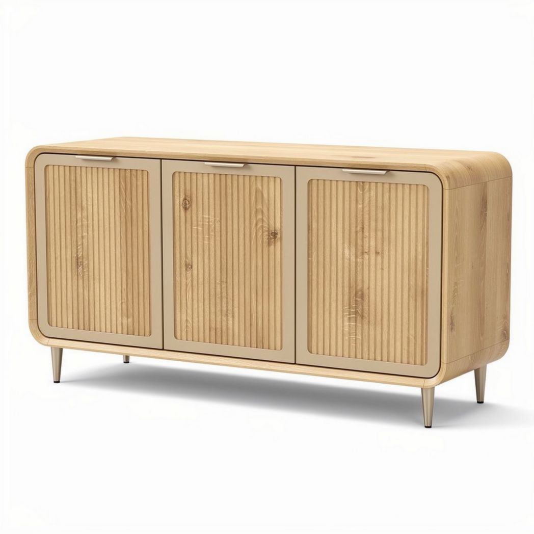 Buffet en bois de chêne clair avec trois portes et pieds en métal 150 x 45 x 80cm