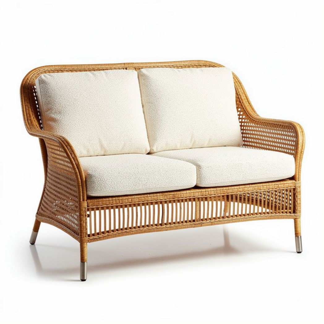 Canapé en rotin tressé avec coussins en polyester couleur beige 120 x 70 x 80cm